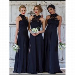 Halter Bridesmaid Elegant Dresses Lace Chiffon Side Slit Floor Length Long Maid of Honor Beach Wedding Guest Party Gown Custom Made