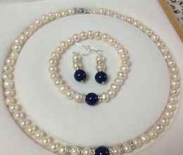 Free shipping Hot!7-8mm White Akoya Cultured Pearl & Lapis Lazuli Necklace Bracelet Earrings