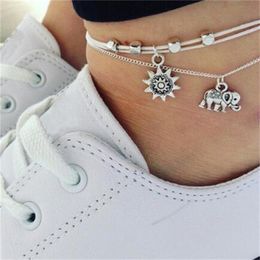 Vintage Multiple Layers Anklets for Women Elephant Sun Pendant Charms Rope Chain Beach Summer Silver Foot Ankle Bracelet Jewellery