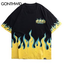 Gonthwid Hip Hop Fire Flame Printed T Shirts Summer Men Casual Short Sleeve Tshirts Male Fashion Cotton Top Tees