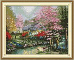 The stream side cottage scenery decor paintings ,Handmade Cross Stitch Embroidery Needlework sets counted print on canvas DMC 14CT /11CT