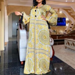 Spring Long Sleeve Maxi Dress African Ladies Rich Bazin Golden Print Vintage Plus Size 3XL Floor Length Women Party Long Dress