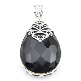 Luckyshine Natural Gemstone Onyx Black 925 Sterling Silver Plated Vintage Water Drop Pendant Women's Sweater Pendant Necklace 1.58'