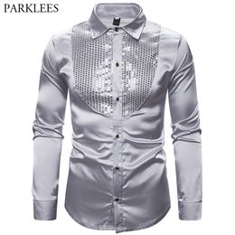 Silver Shirt Mens Silk Satin Men Dress Shirt Smooth Comfortable Men Tuxedo Shirts Wedding Party Dance Prom Long Sleeve