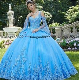 2020 light Blue Cinderella Sweet 16 Quinceanera Dresses Ball Gown off  shoulder lace appliques Tulle long sleeveslace up Prom Gown