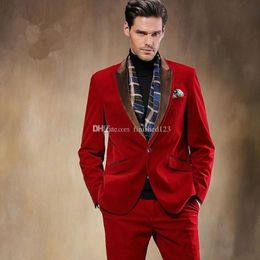 Popular Handsome One Button red Velvet Wedding Groom Tuxedos Peak Lapel Groomsmen Men Suits Prom Blazer (Jacket+Pants+Tie) NO:1866