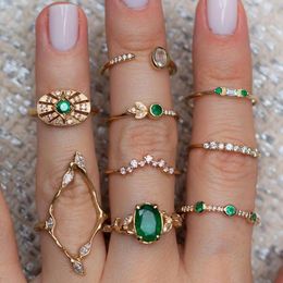 9 Pcs/set Women Vintage Crystal Geometric Leaf Gold Joint Ring Set Bohemian Charm Party Wedding Jewelry Accessories Lover Gifts