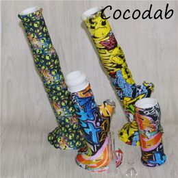 3pcs heady silicone water pipes non fading water transfer printing silicone bong glass bong dab rig glass silicone hookahs DHL