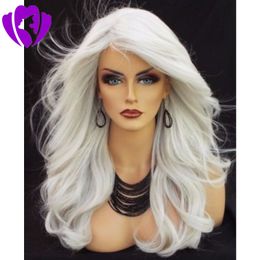 High Temperature Fibre Grey Hair Wigs Long Natural Body Wave Grey White Silver Synthetic Lace Front Wig for Women African