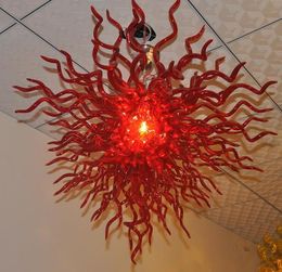 Contemporary Ruby Red Color High Hanging Blown Glass Chandelier Lightings Living Room LED Bulbs Flush Mounted Chandeliers