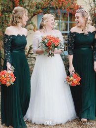Cheap Modest Hunter Green Lace Bridesmaid Dresses Off Shoulder Long Sleeves Plus Size Sweep Train Formal Maid Of Honour Wedding Guest Gowns