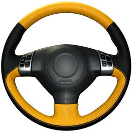 Black Yellow Genuine Leather Hand Sewing Car Steering Wheel Cover for Suzuki Swift (Multifunction button versio