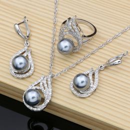 Grey Pearl Bridal Jewellery Sets Drop Earrings with CZ Stone 925 Silver Women Ring Necklace Set