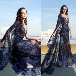 Tony Chaaya 2020 Navy Blue Prom Dresses With Cape Sheer One Shoulder Lace Appliqued Illusion Evening Gowns Vestido de fiesta Formal Dress