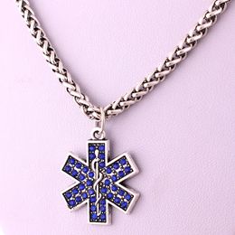 Creative Silver Plated Blue Crystal Hexagon And Snake Pendant Diabetes Medical Alert ID Wheat Chain Alloy Necklace