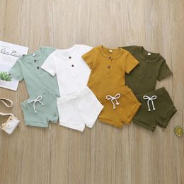 Fashion Summer Newborn Baby Girls Boys Clothes Ribbed Cotton Casual Short Sleeve Tops T-shirt+Shorts Toddler Infant Outfit Set