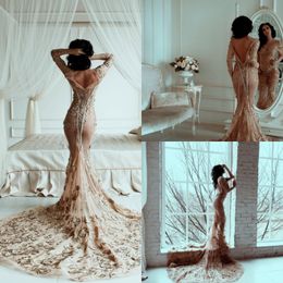 Champagner Meerjungfrau Langarm Brautkleider U-Ausschnitt rückenfrei Applikationen Sweep Zug Brautkleider Plus Size Saudi Arabisch Robe de Mari￩e