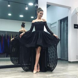 Vestido 2019 Black Long Elegant Prom Evening Dress Off Shoulder Long Sleeves Lace Sweep Train Ball Gown Prom Dress Party Gowns