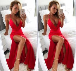 Cheap Red High Thigh Split Evening Gowns Sheath Deep V Neck Spaghetti Straps Pageant Celebrity Prom Gowns