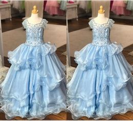 Rhinestone Beading Girls Pageant Dresses Piping Tiered Ruffles Princess For Girls Special Occasion Long Flower Girl Dress For Wedding Party