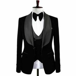 Последние мужские 3 штуки выпускного вечера черный бархатный ужин жених смокинги свадебный формальный пиджак Лучший мужской отворот мужские костюмы (куртка + жилет + брюки)