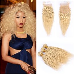 Kinkys Curly Blonde Lace Closure With Bundles Brazilian Virgin Hair Extension Afro Kinky Curly Human Hair Weaves 3 Bundles With Closure