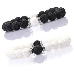 8mm Black White Natural Lava Stone Bead Bracelet For Men Women Adjustable Diffuser Healing Bracelet Elastic Yoga Jewellery