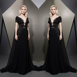 Ziad Nakad Black Prom Dresses Lace Short Sleeve Sexy Deep V Neck Appliques Sweep Train Evening Gowns With Wraps Illusion Sequins Party Dress