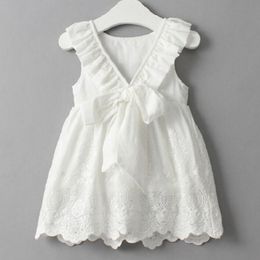 Girls White Bow Ruffles Sleeveless Dress Backless Dresses Sundress Baby Kids Cotton Blet Bowknot Pleated Dresses