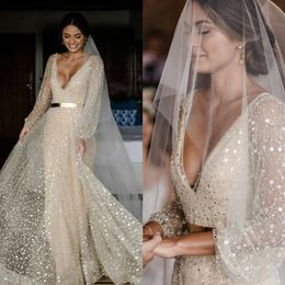 Świecący Linia Light Gold Wedding Sukienka Długie Rękawy V Neck Cekinowe Suknie Ślubne Backless Vestido de Novia
