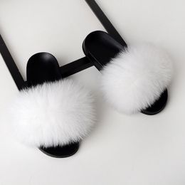 Hot Sale-Real Fox Fur Slippers Slides Shoes Furry Fuffly Slipper Flip Flops Sandals Sliders Drag Sandal Summer Shoes Women