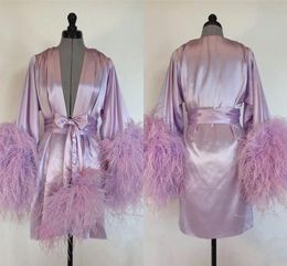 2020 Bathrobe for Women Pink Feather Knee Length Lingerie Nightgown Pajamas Sleepwear Women's Luxury Gowns Housecoat Nightwear Bridesmaids