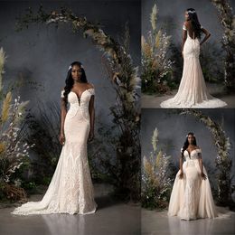 Naama Anat Mermaid Wedding Dresses With Long Train Off Shoulder Appliques Beads Lace Sheath Wedding Dress Sweep Train Bridal Gowns