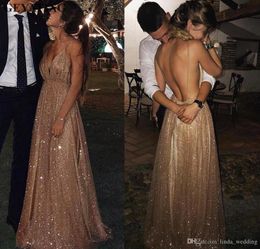 Gold Sequined Prom Dresses Glamorous Spaghetti Straps Backless Holidays Graduation Wear Evening Party Gowns Custom Made Plus Size