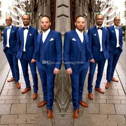 Hot Sale One Button Blue Groom Tuxedos Peak Lapel Groomsmen Mens Suits Wedding/Prom/Dinner Blazer (Jacket+Pants+Vest+Tie) K509