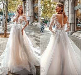 2020 New A Line Wedding Dresses Sexy Sheer Neck Long Sleeve Lace Appliques Vestidos De Novia Illusion Sweep Train Bridal Gowns