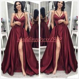 Beautiful Burgundy Straps Dubai Prom Dresses High Split Satin African Sleeveless Party Ball Evening Gowns Robe De Soiree Special Occasion