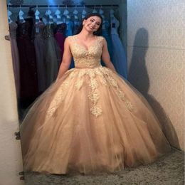 Gold engagement prom dresses Ball Gown Appliques Lace floor length Vintage quinceanera dresses Beautiful Sheer Back tulle Evening Gowns 2017