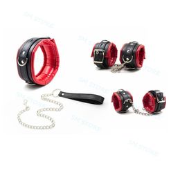 Bondage Faux Leather Slave Red Lock Collar Handcuffs Ankle Cuffs Restraints Shackle #R78