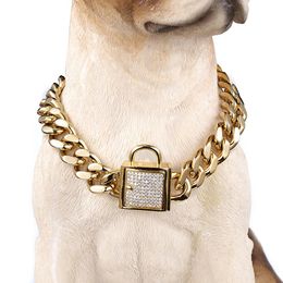 12-32" Fashion Stainless Steel Gold Cuban Curb Link Training Choke Chain Pet Dog Collar With Square Crystal Lock Clasp 12mm Wide