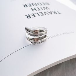 S1015 Fashion Jewelry S925 Sterling Sliver Ring Cat Vintage Feather Open Finger Ring