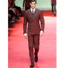 Brand New Burgundy Groom Tuxedos Double-Breasted Groomsman Wedding Suit Excellent Men Business Prom Jacket Blazer(Jacket+Pants+Tie+Vest) 268