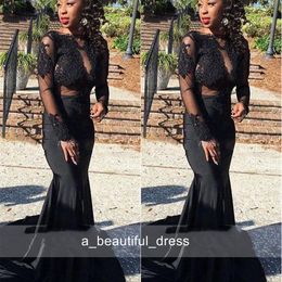 African Black Gril Prom Dresses Appliques Long O Neckline Long Sleeve Black Satin Evening Party Gowns ED1299
