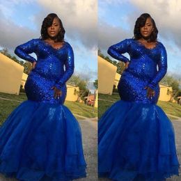 2020 Africano Mermaid Royal Blue Lace Prom Vestidos longos Sexy Mermaid Sequins Andar de comprimento formais Vestidos de noite partido