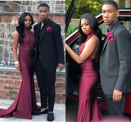 Burgundy Arabic Black Girls Mermaid Evening Dresses High Collar Lace Appliques Prom Gown Sexy Open Back Formal Prom Dress