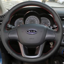 Black Leather DIY Hand-stitched Car Steering Wheel Cover for Kia K2 Kia Rio 2011 2012 2013