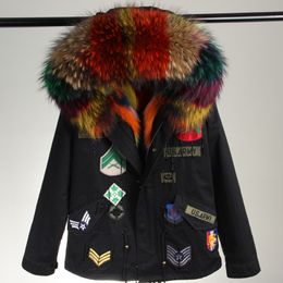 Lavish multicolor raccoon fur trim maomaokong brand multicolor fox fur liner mini black canvas jackets with Appliques