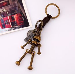 Fashion woven leather rope car key chain men and women couple key ring alloy screw robot creative leather pendant hot sale