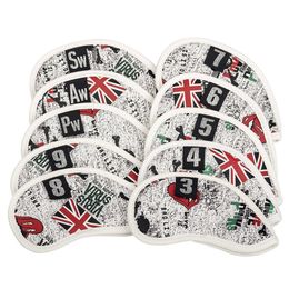 10 Pack Golf Iron Headcover Union Jack Flag Pattern Design Head Covers Set,Number tags,3,4,5,6,7,8,9,Pw,Aw,Sw,2 Colours