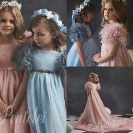 Dreamly A Line Flower Girl Dresses Jewel Short Sleeve Lace Applique Bow Sash Crystal Feather Pageant Dress Floor Length Girl's Birthday Part